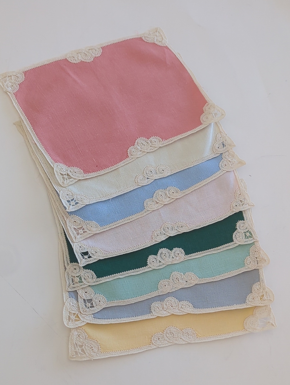 Set of 8 Vintage Lace-Trimmed Linen Cocktail Napkins in Pastel Mix